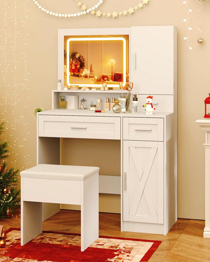 CHARMAID Vanity Desk with Mirror and Lights, Jewelry Storage Cabinet, Farmhouse White Makeup Vanity Desk with Charging Station