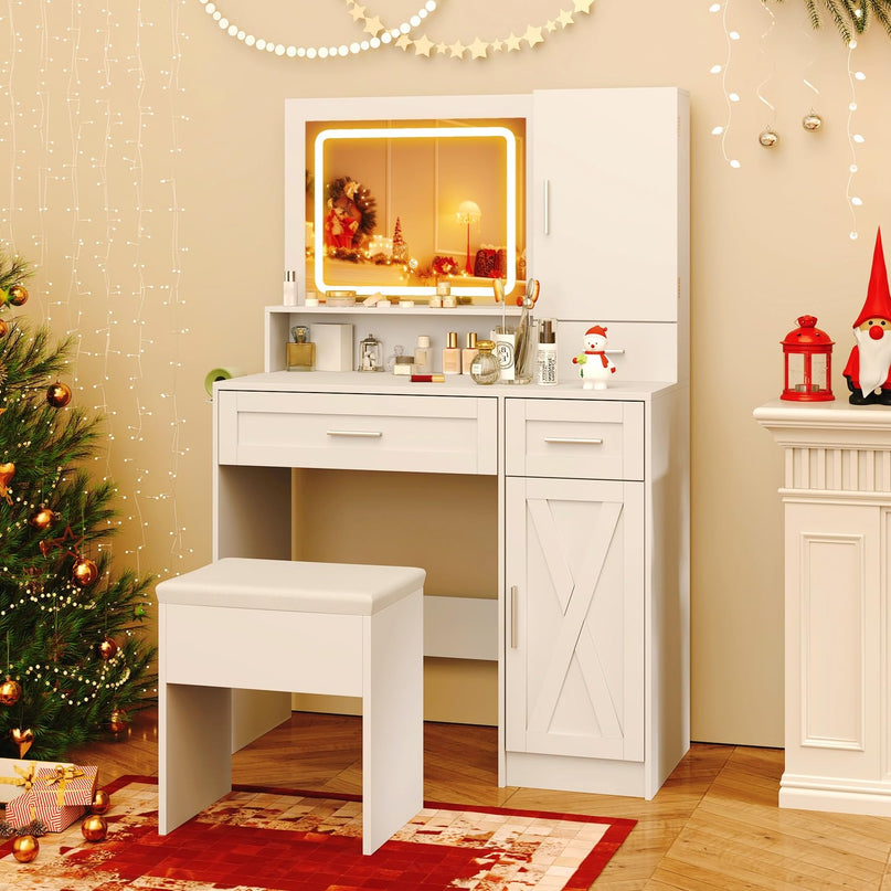 CHARMAID Vanity Desk with Mirror and Lights, Jewelry Storage Cabinet, Farmhouse White Makeup Vanity Desk with Charging Station