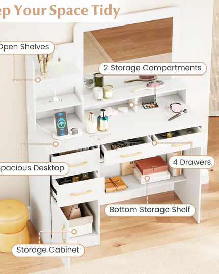 CHARMAID White Makeup Vanity Desk with Mirror & Charging Station