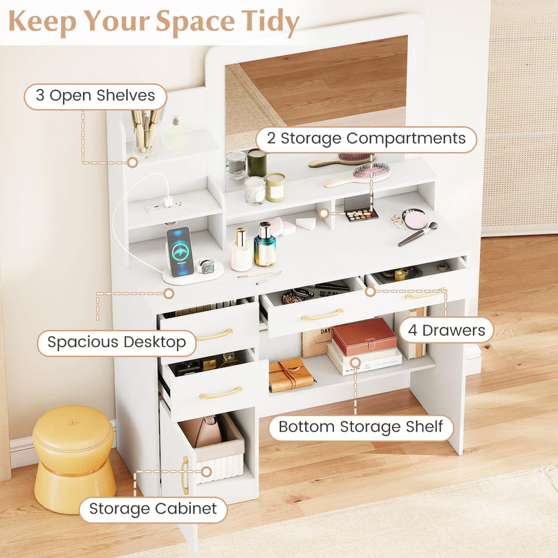 CHARMAID White Makeup Vanity Desk with Mirror & Charging Station