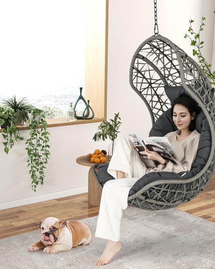 Giantex Swing Egg Chair Outdoor - PE Rattan Hammock Chair with Soft Pillow, Cushion, Metal Frame, Hanging Accessories