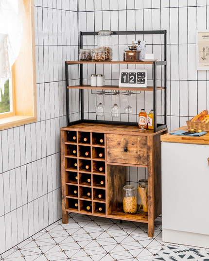 Giantex Sideboard with Hutch, 18 Bottles Wood Wine Rack, 1 Drawer, Standing 4-Tier Bakers Rack with Glass Holder