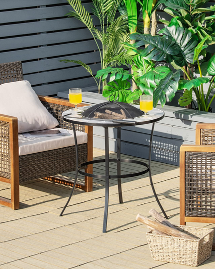 Giantex Fire Pit Table, Outdoor Fire Pit with Mesh Cover, Fire Poker, Tile Tabletop