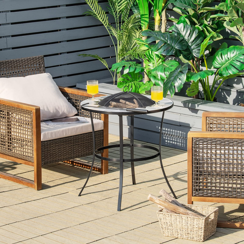 Giantex Fire Pit Table, Outdoor Fire Pit with Mesh Cover, Fire Poker, Tile Tabletop