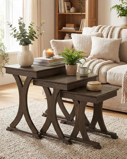 Giantex Table Basse Gigogne Rectangulaire, Ensemble de 3 avec Pieds en Bois d'Hévéa Massif