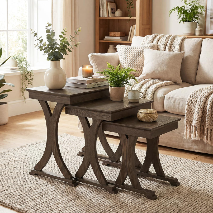 Giantex Table Basse Gigogne Rectangulaire, Ensemble de 3 avec Pieds en Bois d'Hévéa Massif