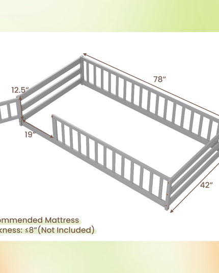 Giantex Twin Floor Bed with Door & Fence, Kids Wood Montessori Bed with Safety Guardrails
