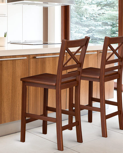 Giantex 25'' Antique Kitchen Counter Height Chairs with Wooden X-Shaped Backrest & Rubber Wood Legs