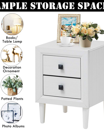 Nightstand Wooden W/Two Storage Drawers and Handles