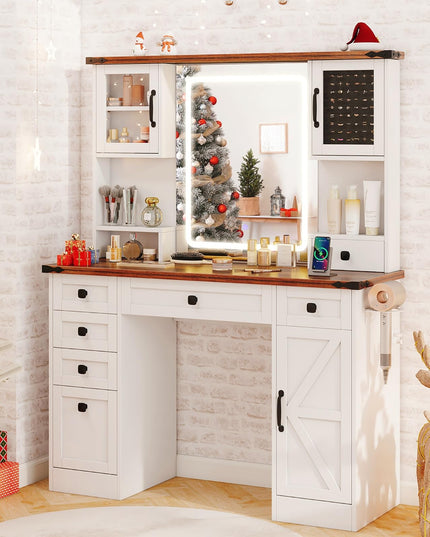 CHARMAID Vanity Desk with Mirror and Lights, Farmhouse Makeup Vanity Desk with 7 Drawers, 45" White Vanity Dressing Table for Bedroom