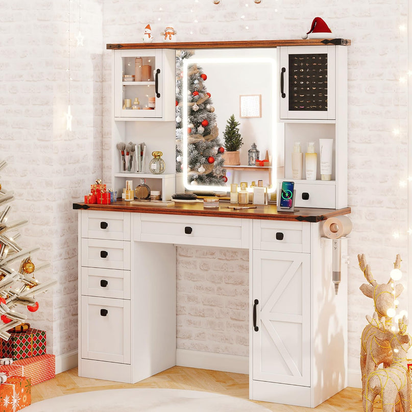 CHARMAID Vanity Desk with Mirror and Lights, Farmhouse Makeup Vanity Desk with 7 Drawers, 45" White Vanity Dressing Table for Bedroom