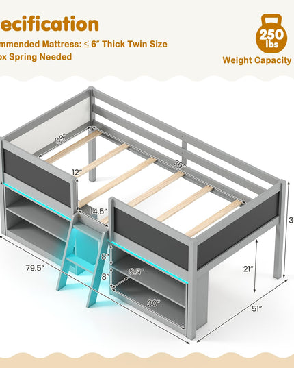 Giantex Low Loft Bed with LED Lights Wooden Twin Size Loft Bed（Twin with Light）