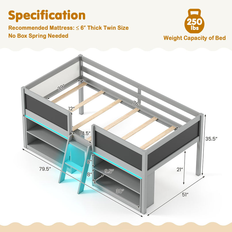 Giantex Low Loft Bed with LED Lights Wooden Twin Size Loft Bed（Twin with Light）