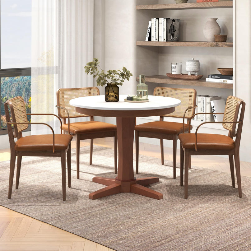 Giantex Round Dining Table, 36” Kitchen Table with Base, Solid Rubber Wood Frame, Breakfast Table for 4 People
