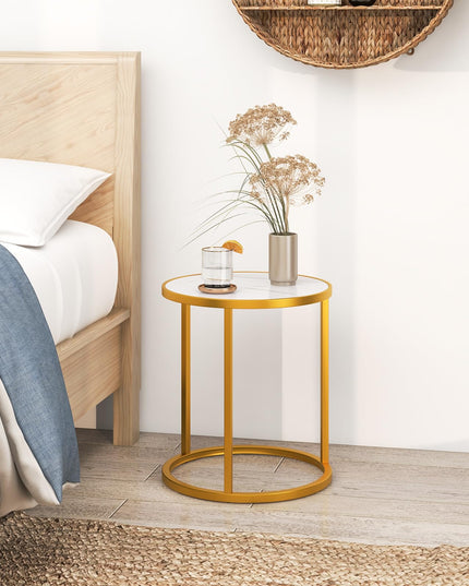 Giantex Faux Marble Side Table, Round End Table with Golden Metal Frame and White Marble Top