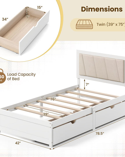 Giantex Wood Twin Bed with 2 Storage Drawers, Solid Wood Platform Bed with Upholstered Headboard