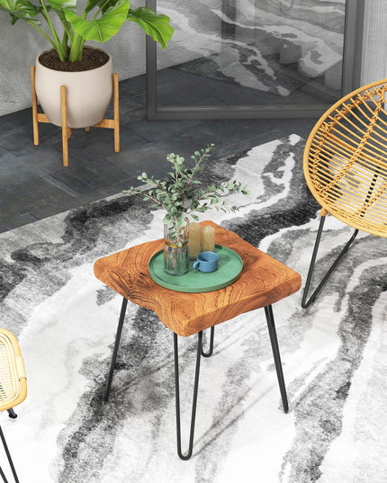 Giantex Teak Wood End Table, Solid Live Edge Outdoor Side Table w/Natural Grain & Heavy-Duty Metal Legs