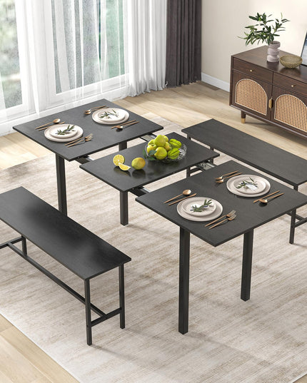 Giantex Dining Room Table Set for 4-6, 3 Piece Dining Table Set, 63” Extendable Dining Table with 2 Benches