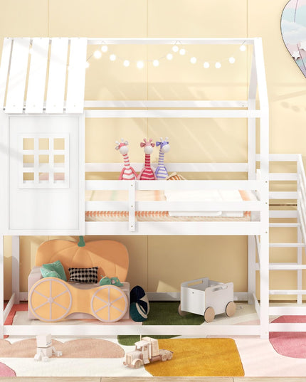 Giantex Twin Bunk Beds with Stairs, Floor House Bed with Roof & Window