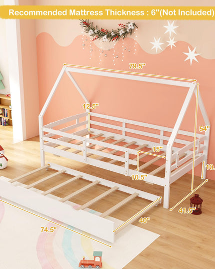Giantex Twin House Bed with Trundle, Wood Kids Bed Frame with Roof & Fence Rails