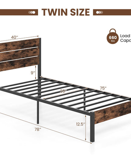 Giantex Metal Platform Bed Frame, Industrial Bed Frames with Wood Headboard