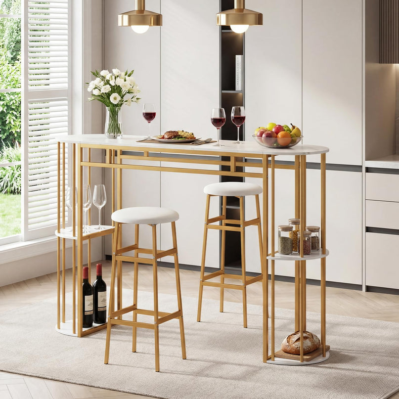Giantex Tables de Pub 60" avec 2 Tabourets Rembourrés Ensemble Table à Manger pour Coin Repas Salle à Manger