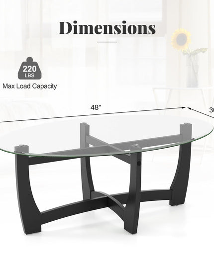 Giantex Glass Coffee Table, 48" Oval Accent Tea Table with Tempered Glass Top & Solid Wood Structure