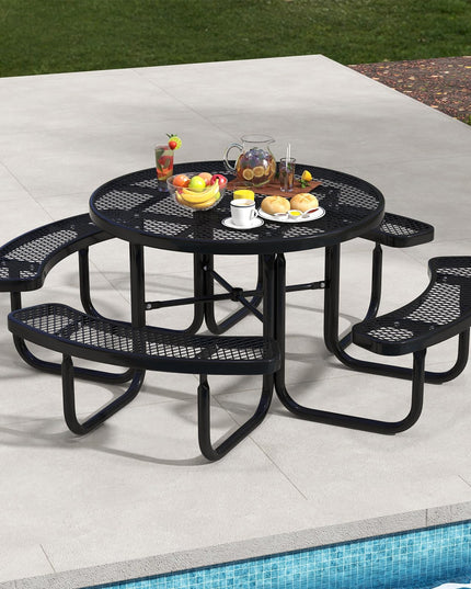 Giantex Round Picnic Table Set for 8 Persons, 45 Inch Outdoor Table and Bench Set with Umbrella Hole