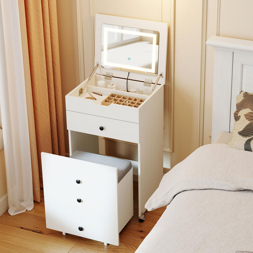 Coiffeuse CHARMAID 3-en-1 avec miroir LED escamotable