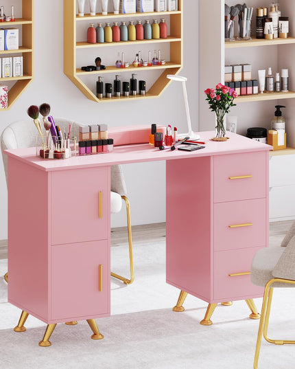 Giantex Manicure Table Nail Desk - Nail Table Station with 3 Drawers, 2 Storage Cabinet, Wrist Rest