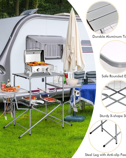 Giantex Folding Grill Table with 26'' Main Tabletop, Portable Aluminum Camping Table