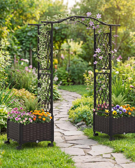 Giantex Planter Boxes with Arch Trellis | 5FT Self-Watering Tall Raised Garden Bed w/Wheels