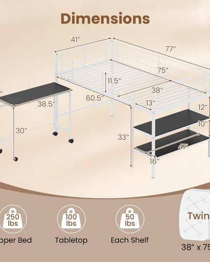 Giantex Low Loft Bed with Desk & Bookshelf Twin Size Platform Bedframe
