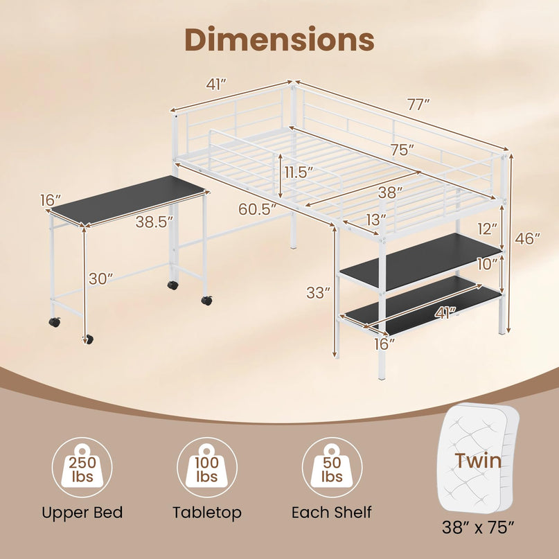 Giantex Low Loft Bed with Desk & Bookshelf Twin Size Platform Bedframe