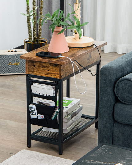 Giantex Set of 2 End Table with Charging Station, Industrial Multifunctional Nightstand