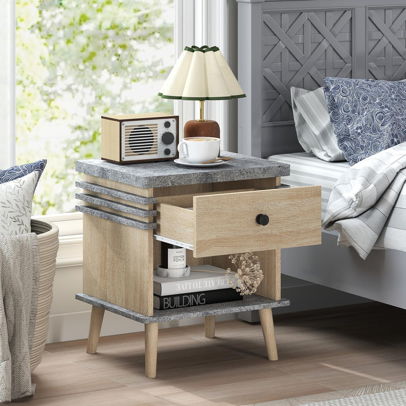 Giantex 3-Tier Modern Nightstand with Faux Marble Surface & Color Blocking Pattern