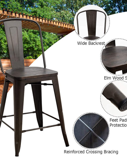 Giantex Tolix Style Dining Stools with Wood Seat and Backrest, Industrial Metal Counter Height Stool