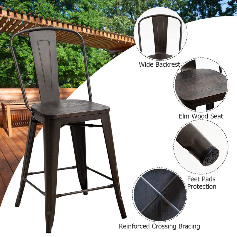 Giantex Tolix Style Dining Stools with Wood Seat and Backrest, Industrial Metal Counter Height Stool
