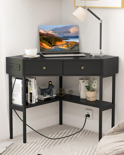 Giantex Corner Desk with Charging Station, 90 Degree Triangle Computer Desk with 2 Drawers & Storage Shelf