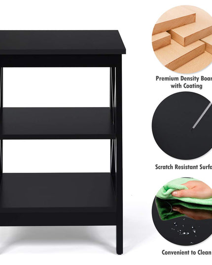 Nightstand 3-Tier X-Design W/Storage Shelves and Stable Structure Storage Organizer Display Sofa Side Table
