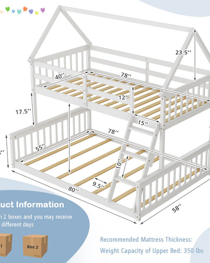 Giantex Twin Over Full House Bunk Bed, Floor Low Bunk Bed Frame w/Integrated Ladder & Safety Guardrails