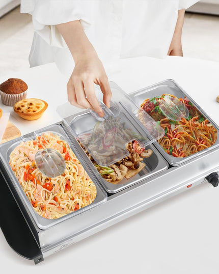 Giantex 3 Stainless Steel Pans with Lid | Electric Buffet Server & Warming Tray