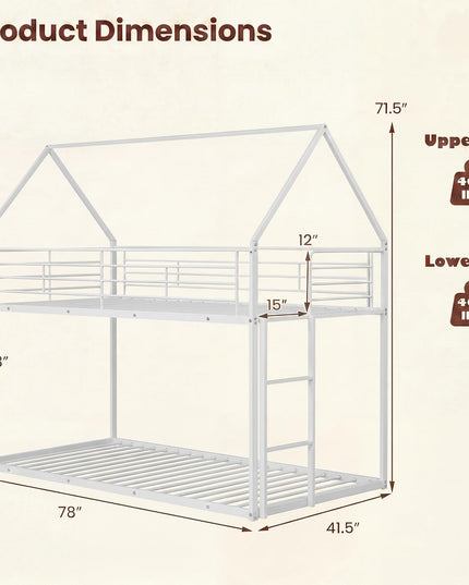 Giantex House-Shaped Twin Over Twin Metal Bunk Bed with Safety Guardrail & Roof