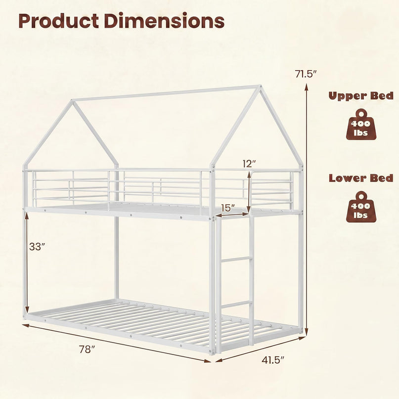 Giantex House-Shaped Twin Over Twin Metal Bunk Bed with Safety Guardrail & Roof