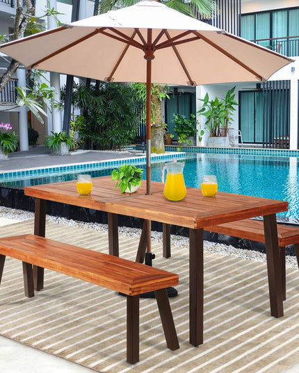 Patio Dining Table Set with 2 Benches, Outdoor Picnic Table Set with Umbrella Hole