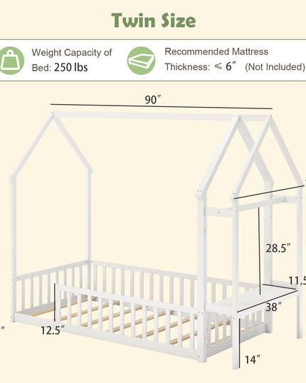 Giantex Twin House Floor Bed, Solid Wood Montessori Floor Bed with Detachable Storage Shelf & Clothes Hanger