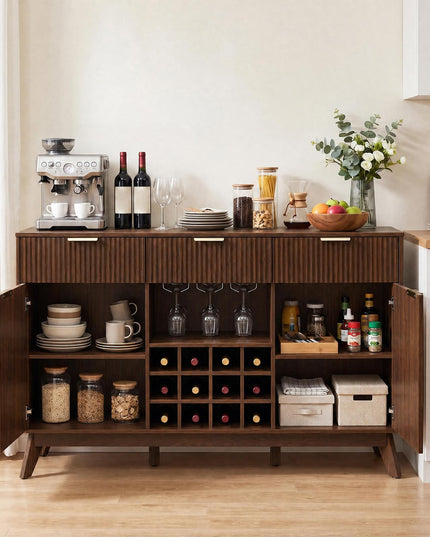 GIANTEX 60" Fluted Wine Bar Cabinet with 3 Stoarge Drawers & Wine Rack
