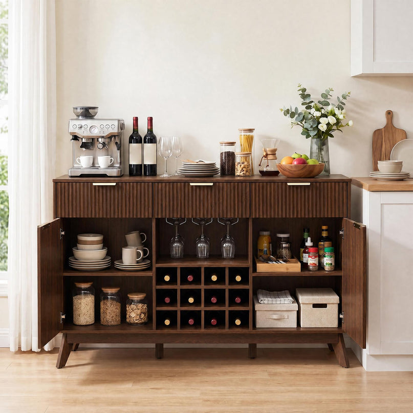 GIANTEX 60" Fluted Wine Bar Cabinet with 3 Stoarge Drawers & Wine Rack