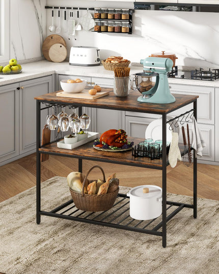 Giantex Kitchen Baker Rack with 3 Tier Storage Shelves, 10 Hooks, Glass Holder, 40" Stationary Island with Spacious Worktop