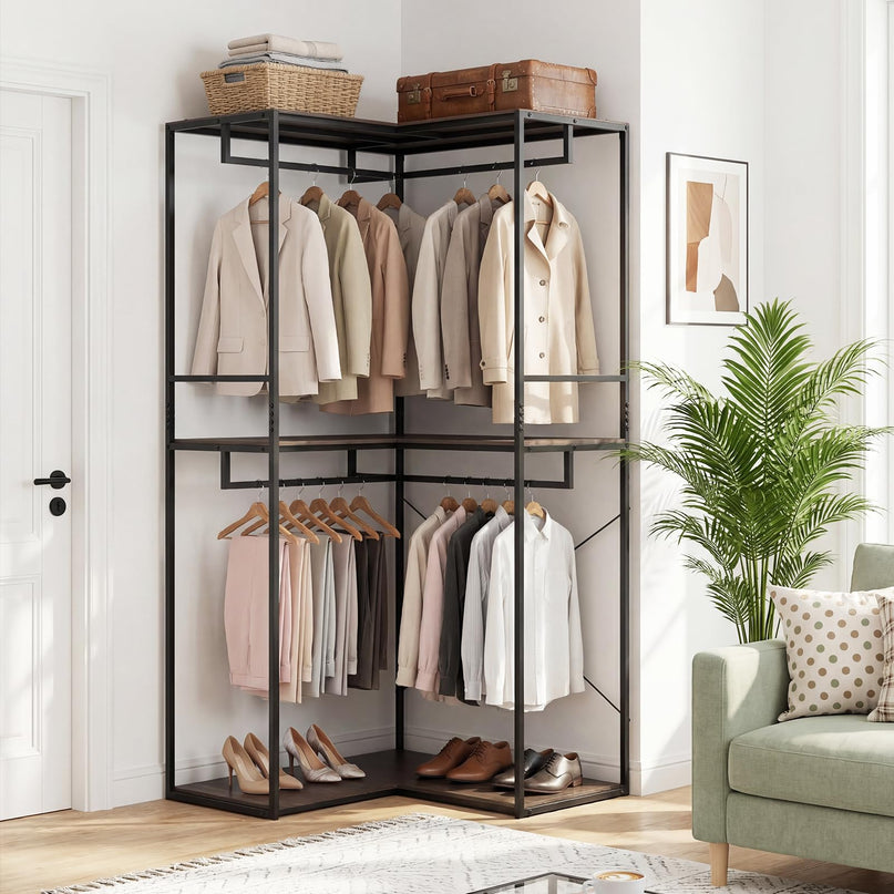 Giantex 3-Tier L-Shaped Garment Rack w/3 Open Shelves & 2 Hanging Racks